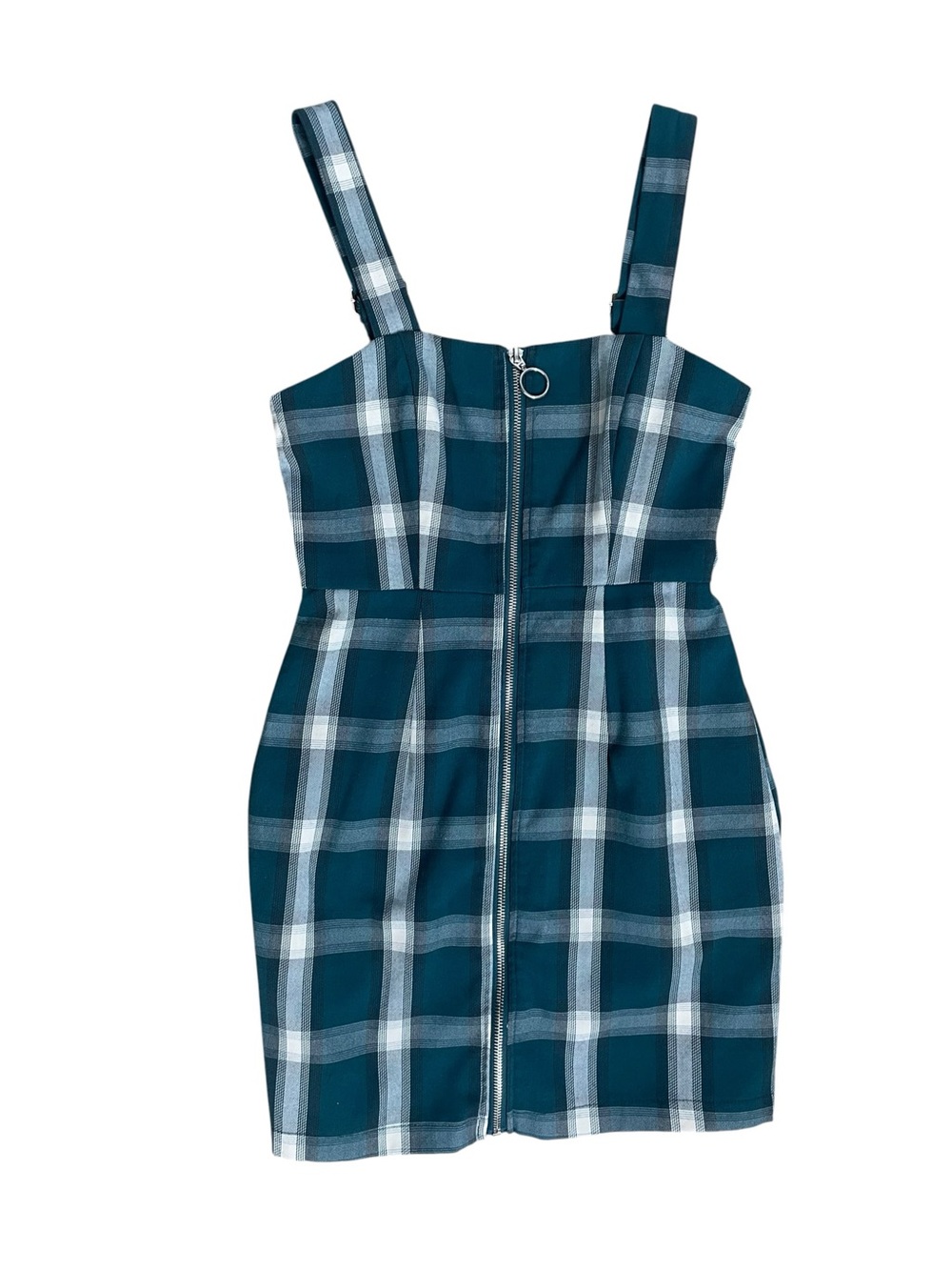 Forever 21 Green Plaid Tartan Zip Front Pinafore Mini Dress Size S